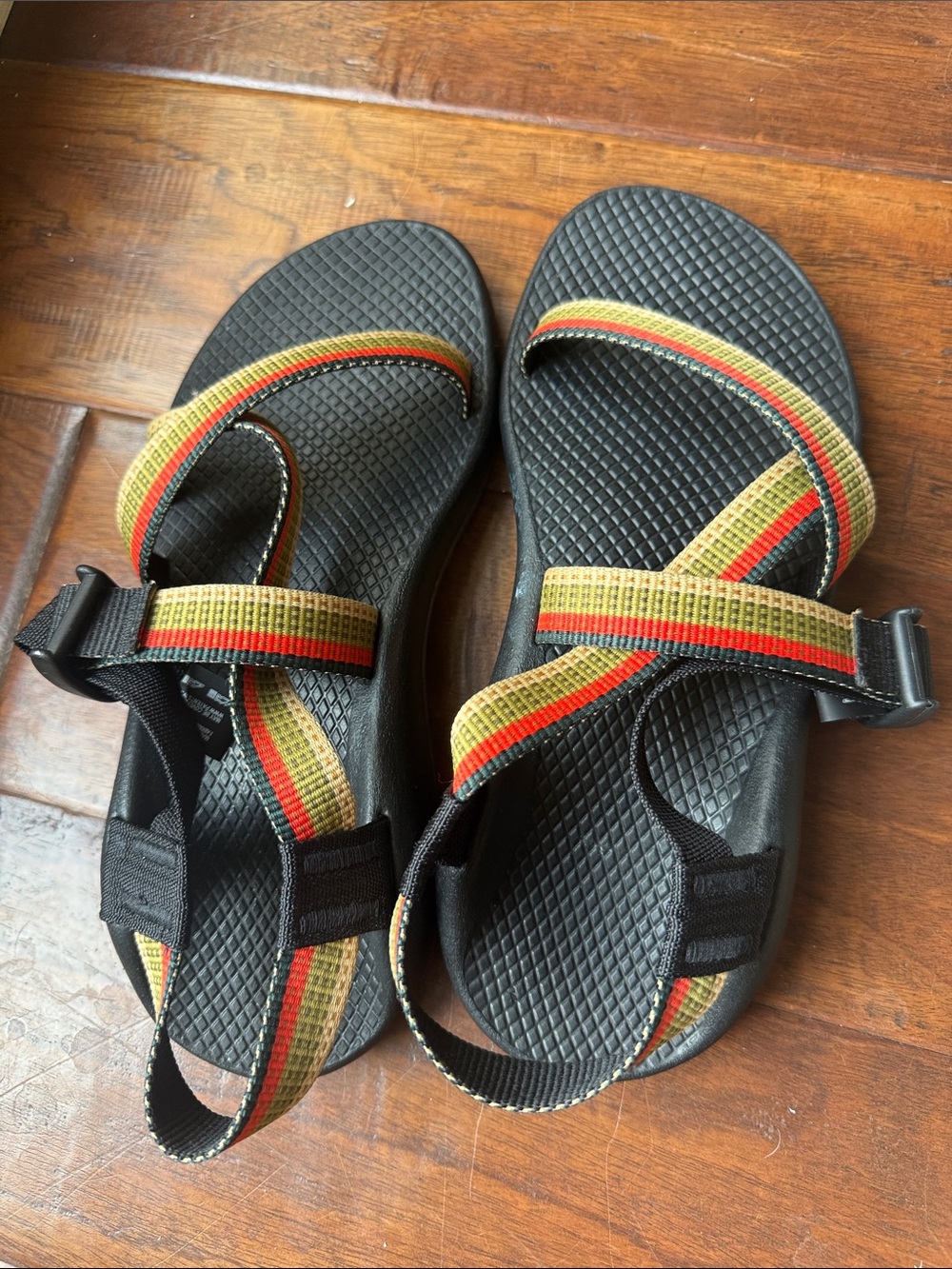 Chaco Black Sandals with Orange, Yellow & Green Straps